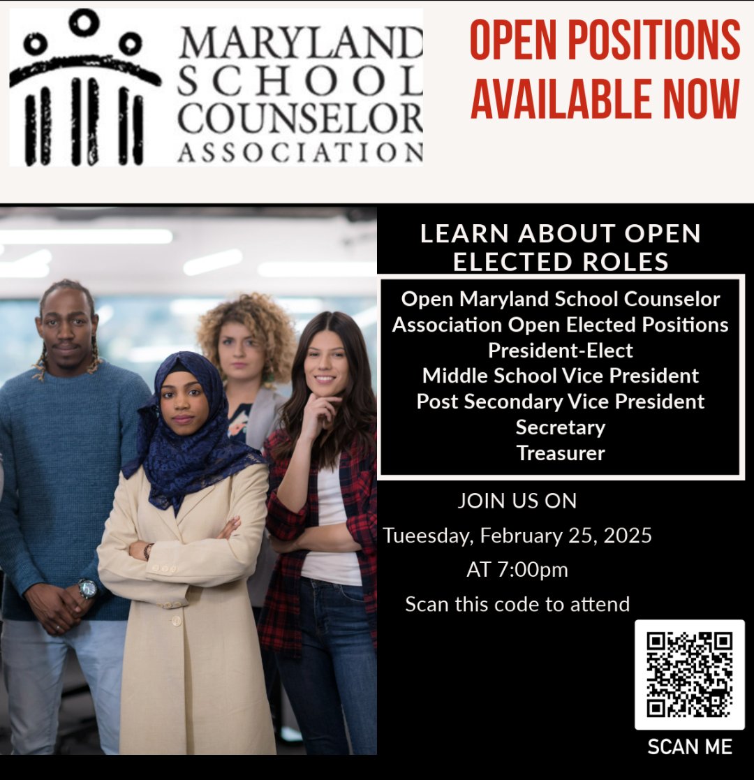 MSCA_Online (@msca_md) on Twitter photo MSCA is looking for passionate leaders to help shape the future of our profession!
Join us for an Information Session
Feb. 25 | 7:00 PM
Scan the QR code to register or click this link: bowiestate.zoom.us/meeting/regist…
To submit your nomination, contact  pastpresident@mscaonline.org MSCA is looking for passionate leaders to help shape the future of our profession!
Join us for an Information Session
Feb. 25 | 7:00 PM
Scan the QR code to register or click this link: bowiestate.zoom.us/meeting/regist…
To submit your nomination, contact  pastpresident@mscaonline.org