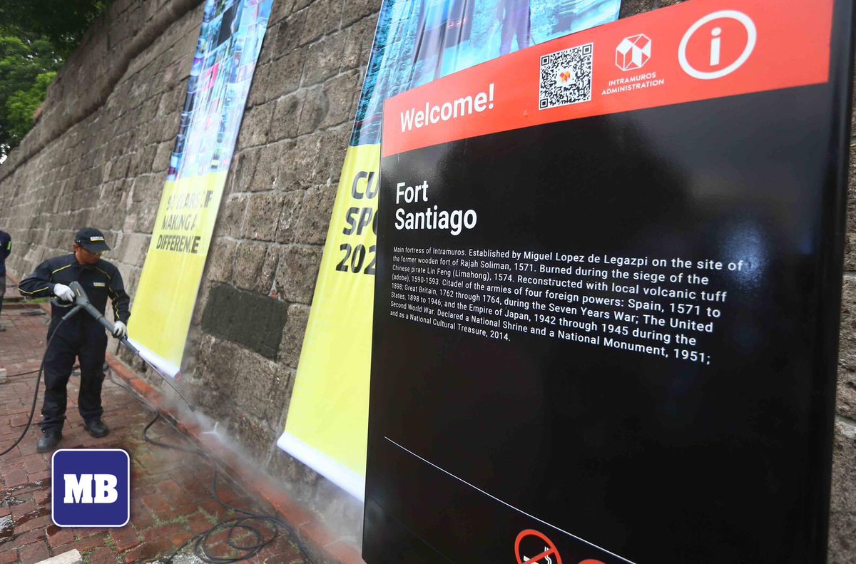 manilabulletin's tweet photo. LOOK: A worker cleans a section of the reconstructed main gate and wall facades of Baluartillo de San Miguel and Medio Baluarte de San Francisco at Fort Santiago, Intramuros, Manila, on Thursday, Feb. 20. 

The cleanup, organized by the German brand Kärcher in collaboration with the Intramuros Administration, is part of Kärcher’s global initiative to complete 90 cleaning projects in public spaces, streets, communities, and historic landmarks worldwide in 2025.

📷: Mark Balmores | MB