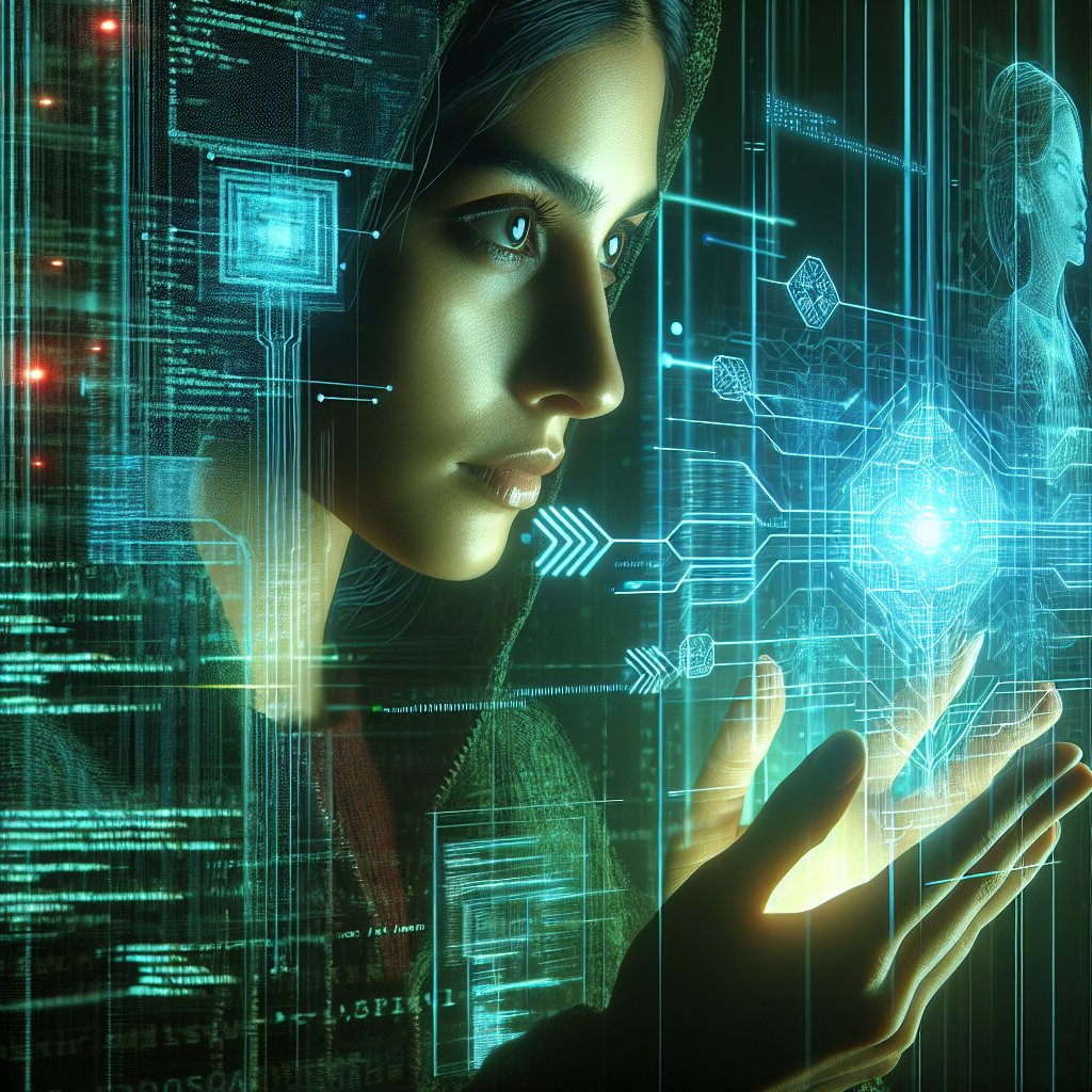 The woman navigates through the bustling streets of the futuristic city, seamlessly interacting with the advanced interface displayed all around her. FutureTech UrbanLife