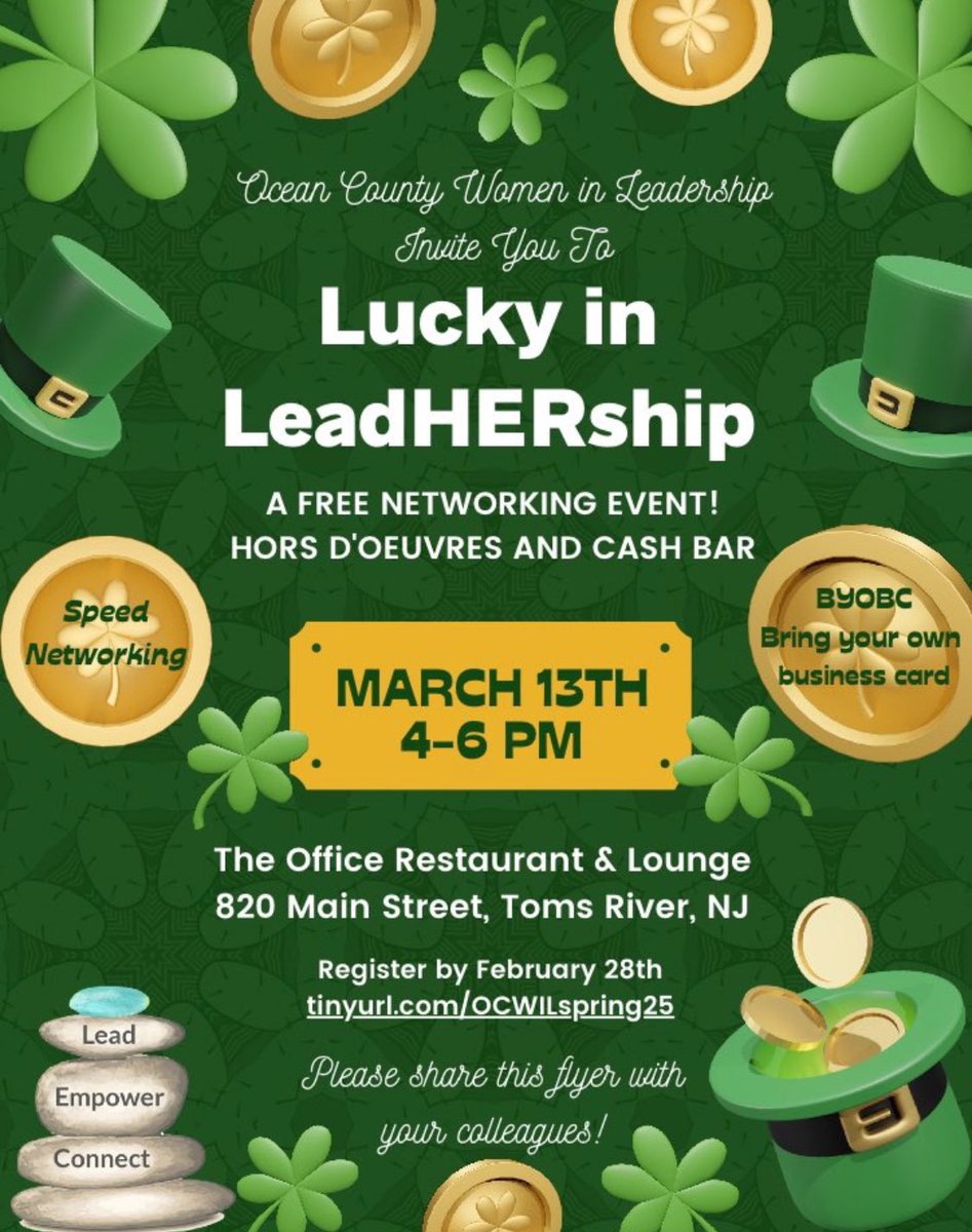 Ocean County Women In Leadership (@oceancountywil) on Twitter photo Join <a href="/OceanCountyWIL/">Ocean County Women In Leadership</a> for our free networking event on March 13th - Lucky in LeadHERship! âď¸
RSVP here: tinyurl.com/OCWILspring25 Join <a href="/OceanCountyWIL/">Ocean County Women In Leadership</a> for our free networking event on March 13th - Lucky in LeadHERship! âď¸
RSVP here: tinyurl.com/OCWILspring25