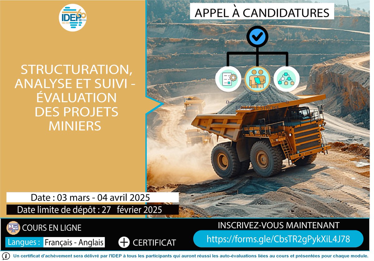 IDEP Africa (@idepofficial) on Twitter photo 📣 Cours en Ligne
✅STRUCTURATION ANALYSE ET SUIVI - EVALUATION DES PROJETS MINIERS
🗓️ 5 semaines
📆Début du cours : 3 Mars 2025
🗣️Français & Anglais
💸Prix : Gratuit
📌Inscrivez-vous Ici👉🏿: bit.ly/41liIIl
🔚 Date limite de dépôt : 27 Février
👉🏿: bit.ly/3CAc3k7 📣 Cours en Ligne
✅STRUCTURATION ANALYSE ET SUIVI - EVALUATION DES PROJETS MINIERS
🗓️ 5 semaines
📆Début du cours : 3 Mars 2025
🗣️Français & Anglais
💸Prix : Gratuit
📌Inscrivez-vous Ici👉🏿: bit.ly/41liIIl
🔚 Date limite de dépôt : 27 Février
👉🏿: bit.ly/3CAc3k7