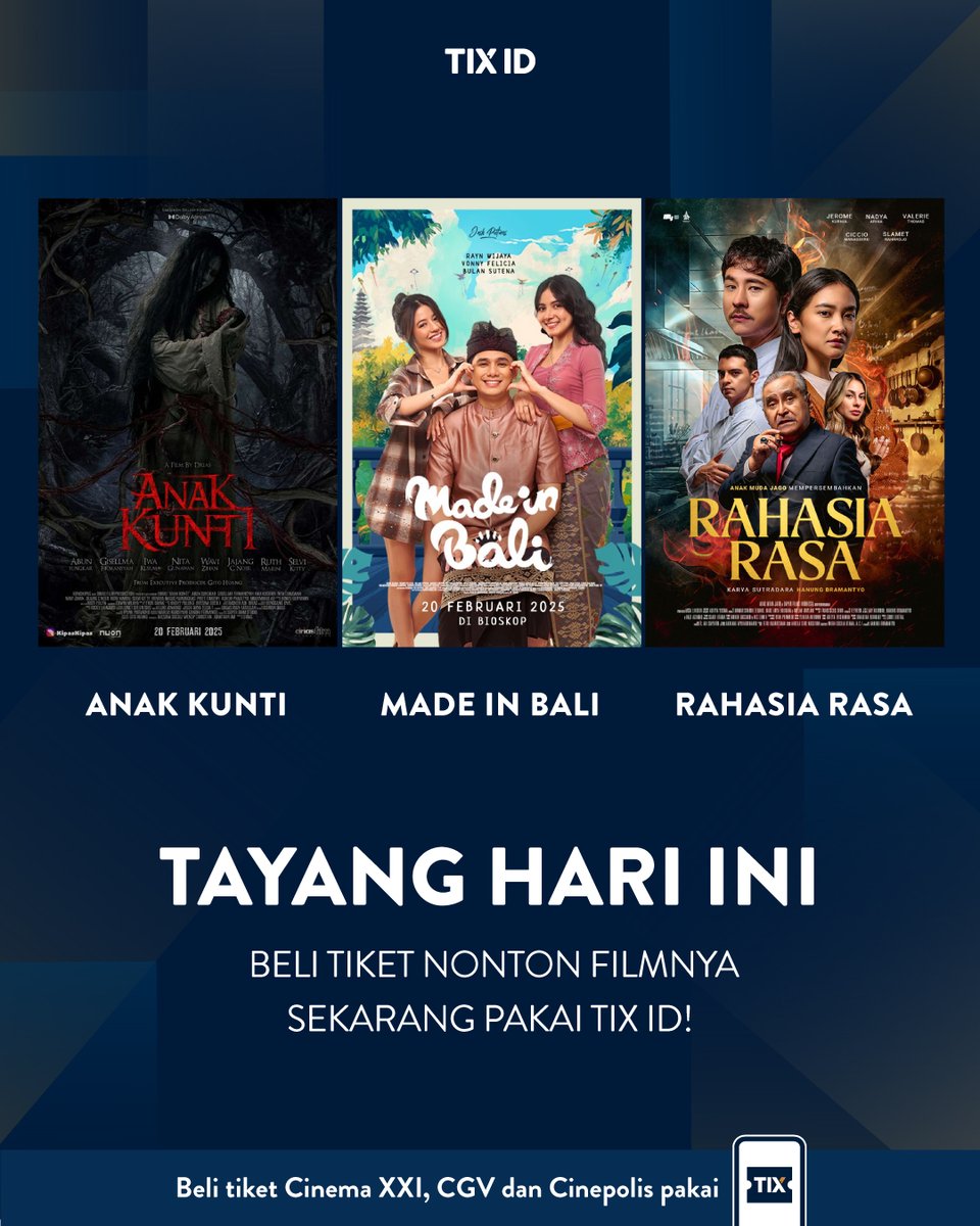 tix_id's tweet image. Deretan film lokal seru ini sudah tayang di bioskop kesayangan kamu! Cek jadwal selengkapnya sekarang di TIX ID 🤩

#TIXID #MadeinBali #AnakKunti #RahasiaRasa #Bioskop