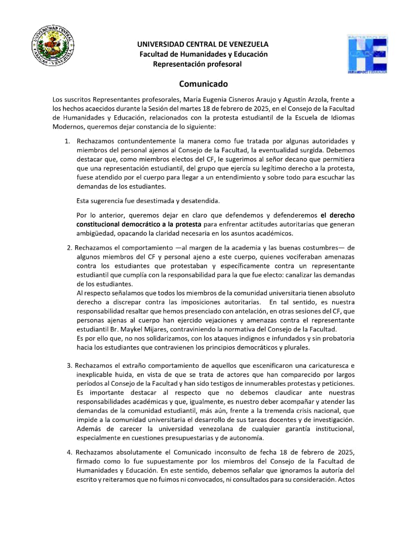 MarulandaC's tweet photo. #Comunicado | Representantes profesorales ante el Consejo de la @fhyeucv Cisneros y Arzola fijan posición ante la protesta de estudiantes de la Escuela de Idiomas Modernos. https://t.co/CDGnBs3dkd