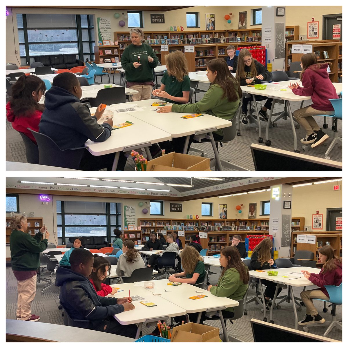 DCMSMediaCenter's tweet image. Thank you, Ms. Moore, for sharing your artistic expertise with us. Students had the opportunity to draw animated flip books. Pro Tip: start with your final image &amp;amp; work backwards. @DutchmanCreekMS #ArtInTheLibrary #Creativity #MorningEvents