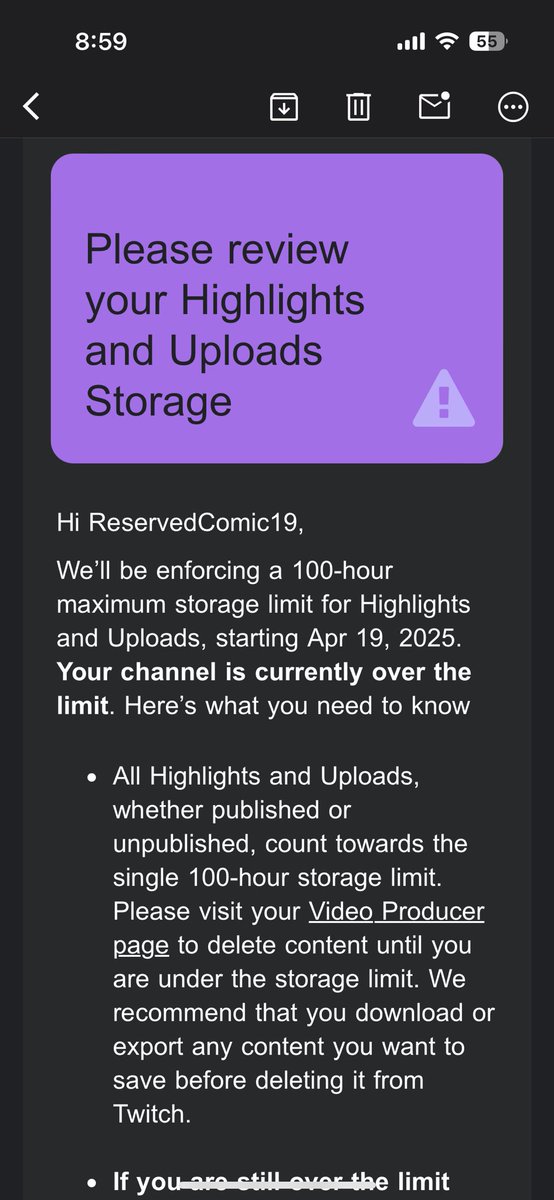 ReservedComic19's tweet image. I am upset at this news. I have all my 1,000+ broadcasts saved as highlights. What am I supposed to do now? Is there a way to get more storage?

@TwitchSupport