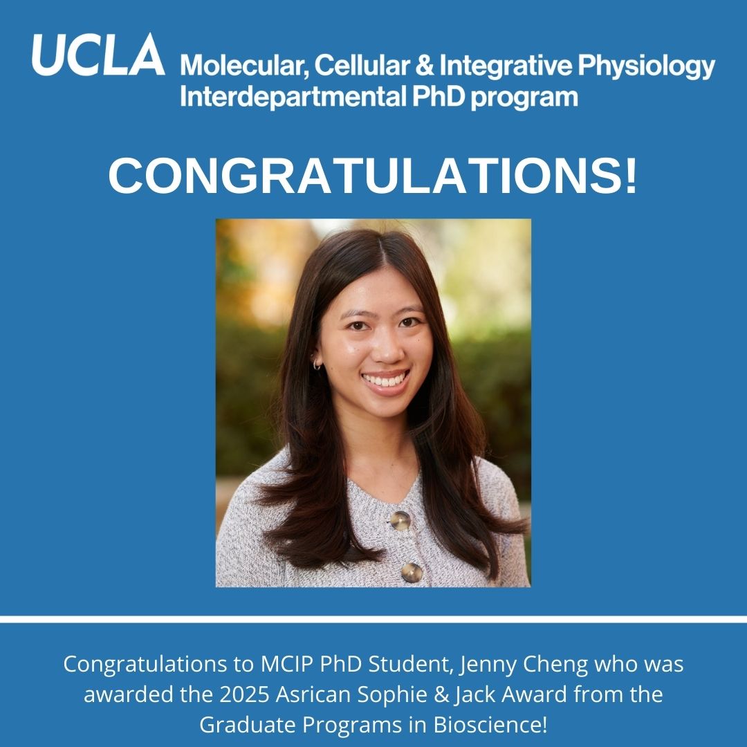 uclamcip's tweet image. Congratulations to MCIP PhD Candidate, Jenny Cheng who was awarded the 2025 Asrican Sophie & Jack Award from the Graduate Programs in Bioscience!