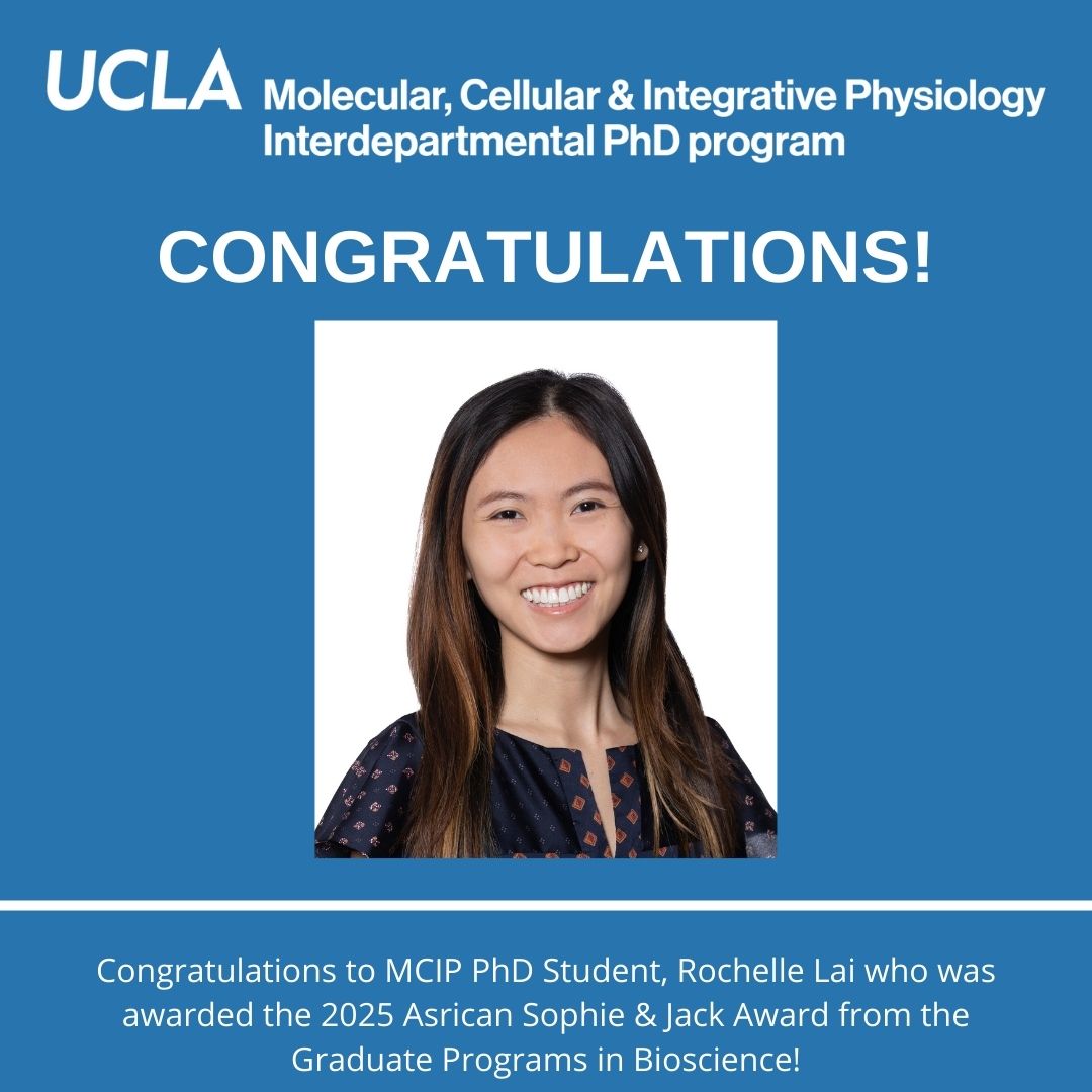 uclamcip's tweet image. Congratulations to MCIP PhD Candidate, Rochelle Lai who was awarded the 2025 Asrican Sophie & Jack Award from the Graduate Programs in Bioscience!