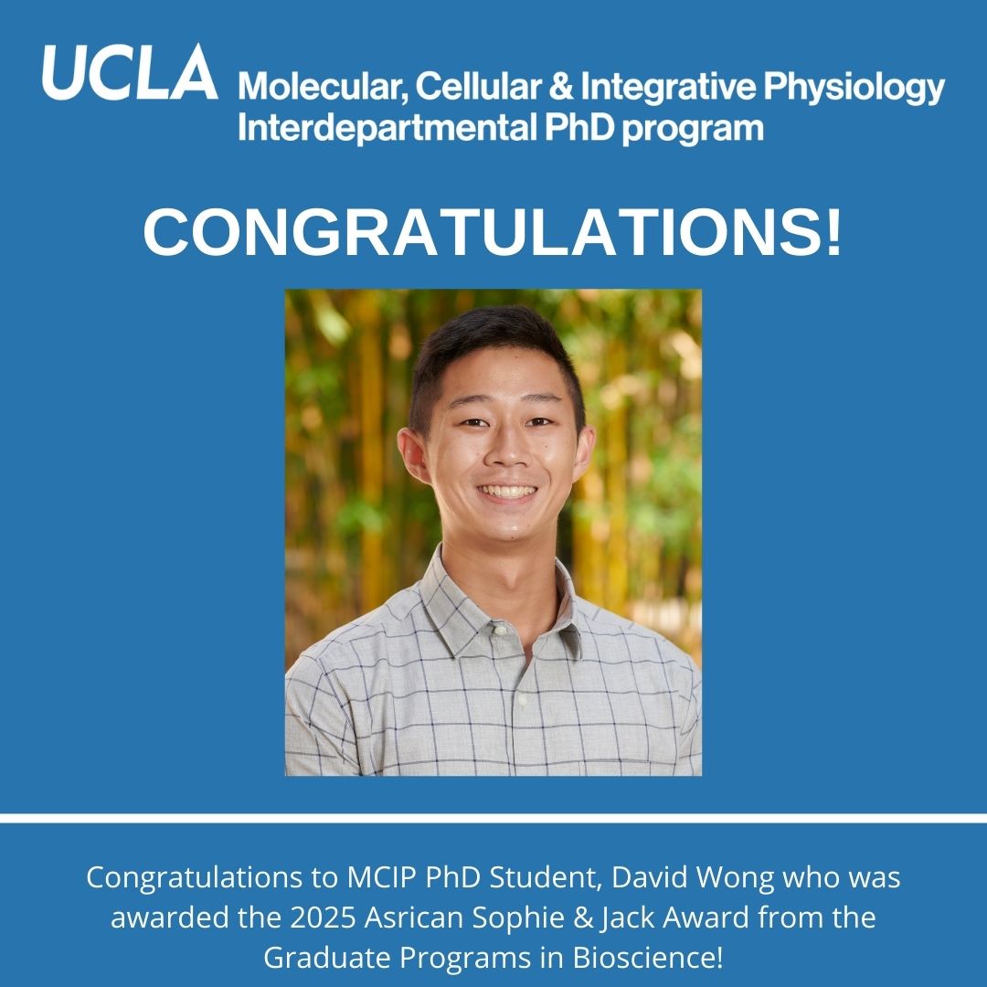 uclamcip's tweet image. Congratulations to MCIP PhD Candidate, David Wong who was awarded the 2025 Asrican Sophie & Jack Award from the Graduate Programs in Bioscience!