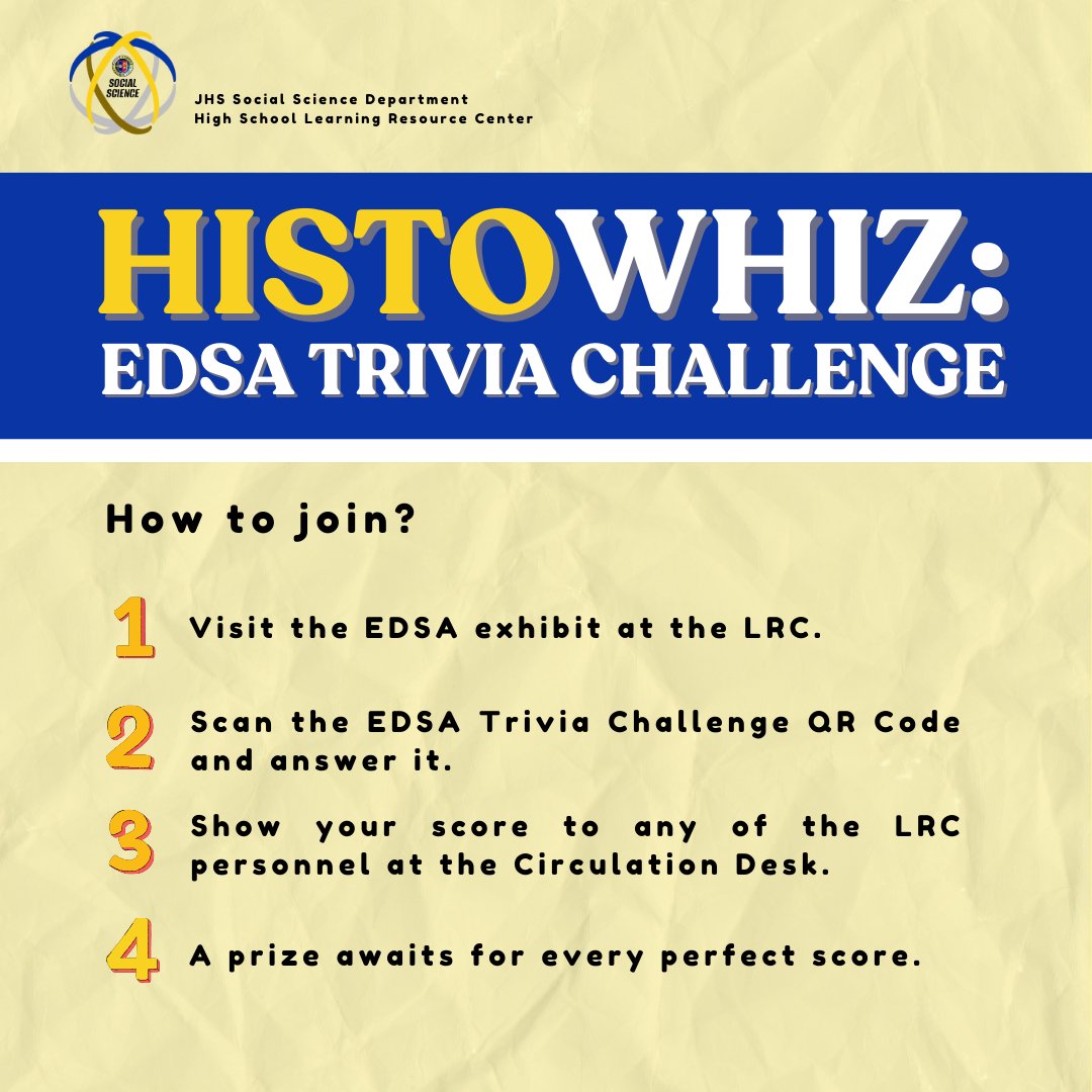 XavierHSLRC's tweet photo. Do you have the WHIZ to sweep a SocSci quiz? 🧠🏆

We are inviting
everyone to let their
EDSA KNOWLEDGE shine by joining
our EDSA Trivia Challenge from February 21-28. Details to participate are in the poster.

Stay tuned and wait for the official launch on February 21. https://t.co/zPnmE4GcQk