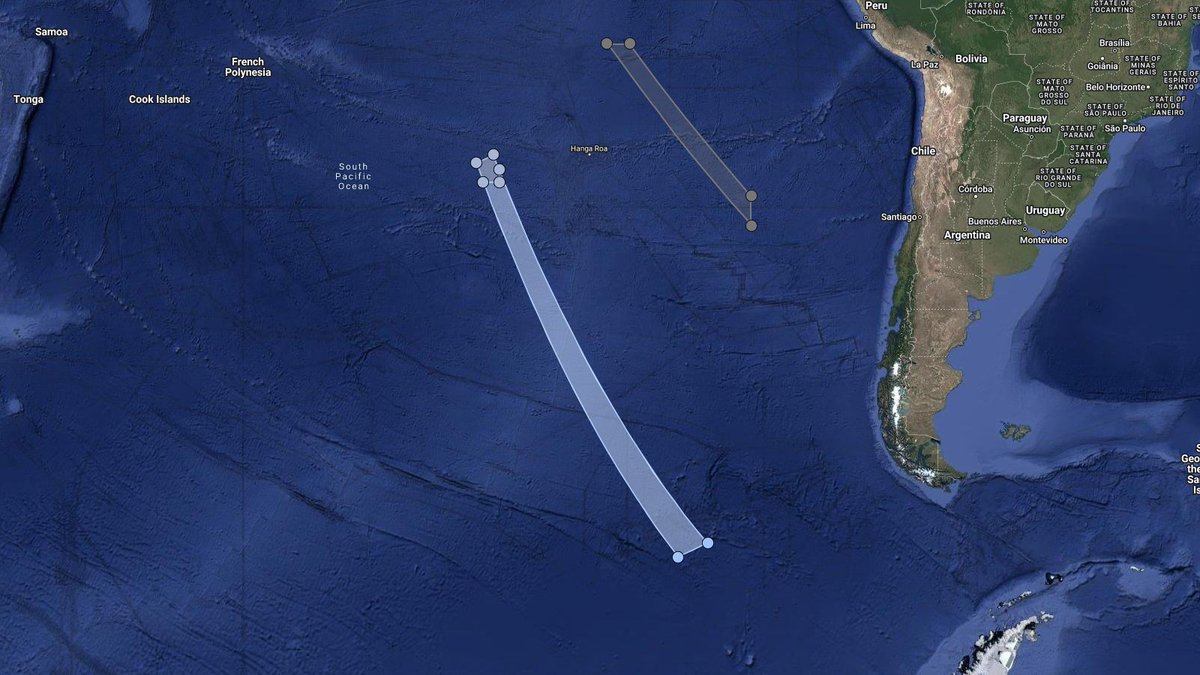 LHA map for #Starlink Group 15-1 from VSFB SLC-4E NET 22 Feb 22:24 UTC, altern. 23 Feb to 01 Mar based on issued NOTAM/NOTMARs. Estimated booster recovery ~594km with estimated fairing recovery ~664km downrange. Stage2 debris reentry in South Pacific. bit.ly/LHA-48