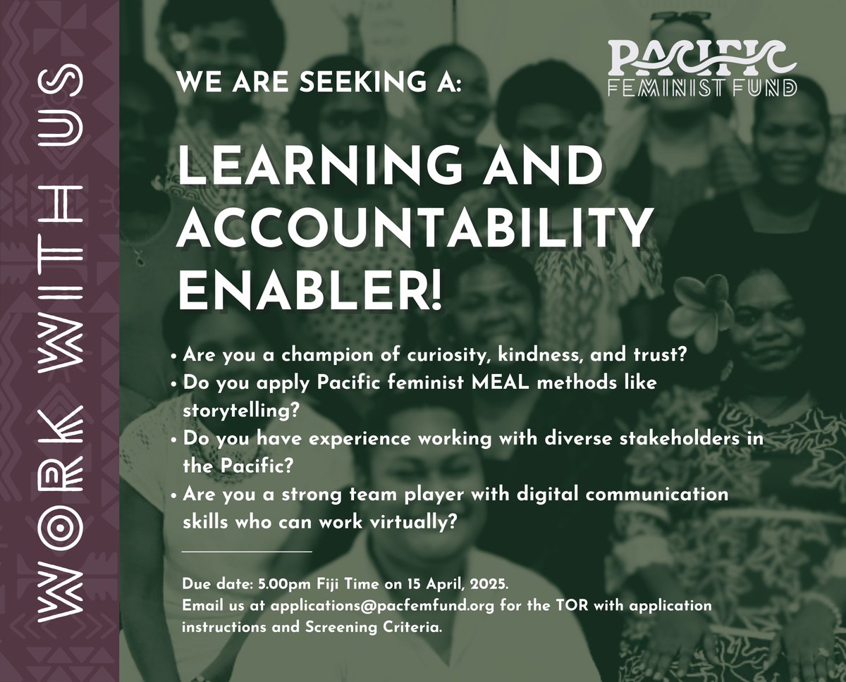 PacFemFund's tweet photo. #Feminist #JobAlert
Are you keen to work in a multi-disciplinary, cross-cultural &amp; collaborative virtual team environment? Now hiring a 'Learning &amp; Accountability Enabler'.

Email : applications@pacfemfund.org and we'll send you the TOR and information on Screening Criteria. https://t.co/DgASZb9f5r