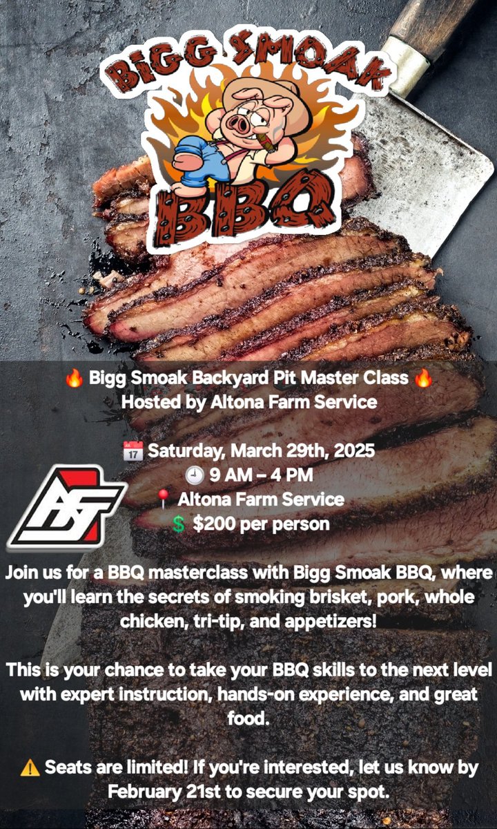 🔥 <a href="/BIGGSMOAKBBQ/">Bigg Smoak Bbq</a> Backyard Pit Master Class 🔥
Hosted by Altona Farm Service

📅 Saturday, March 29th, 2025
🕘 9 AM – 4 PM
📍 Altona Farm Service
💲 $200 per person

Join us for a BBQ masterclass with Bigg Smoak BBQ, where you'll learn the grilling secrets.