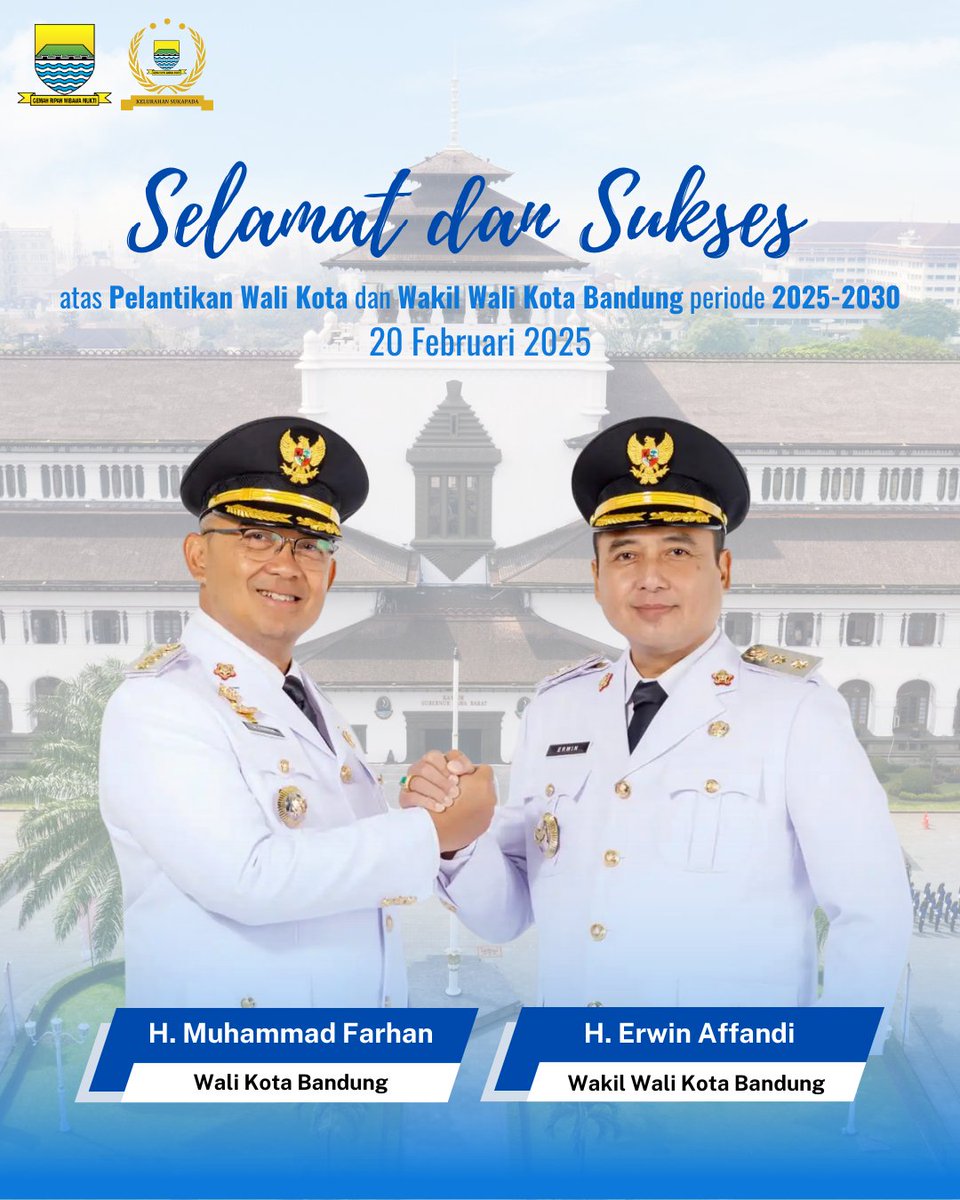 KelSukapada's tweet photo. Kelurahan Sukapada mengucapakanSelamat dan Sukses atas Pelantikan Wali Kota dan Wakil Wali Kota Bandung.

Mari wujudkan bersama Kota Bandung yang Unggul, Terbuka, Amanah, Maju, dan Agamis.
#kotabandung #walikotabandung https://t.co/MWcqfrmyDs