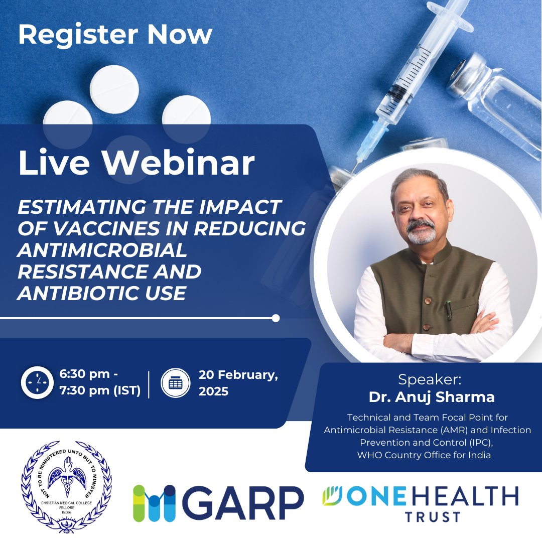 #Vaccines another tool in the fight against Antimicrobial Resistance. 
Live #webinar today, organised by CMC's Dept. of Infectious Diseases in collaboration with <a href="/OneHealthTrust/">One Health Trust</a>; part of series of webinars on vaccination to mitigate #AMR.
Join CMC Vellore &amp; the Global Antibiotic