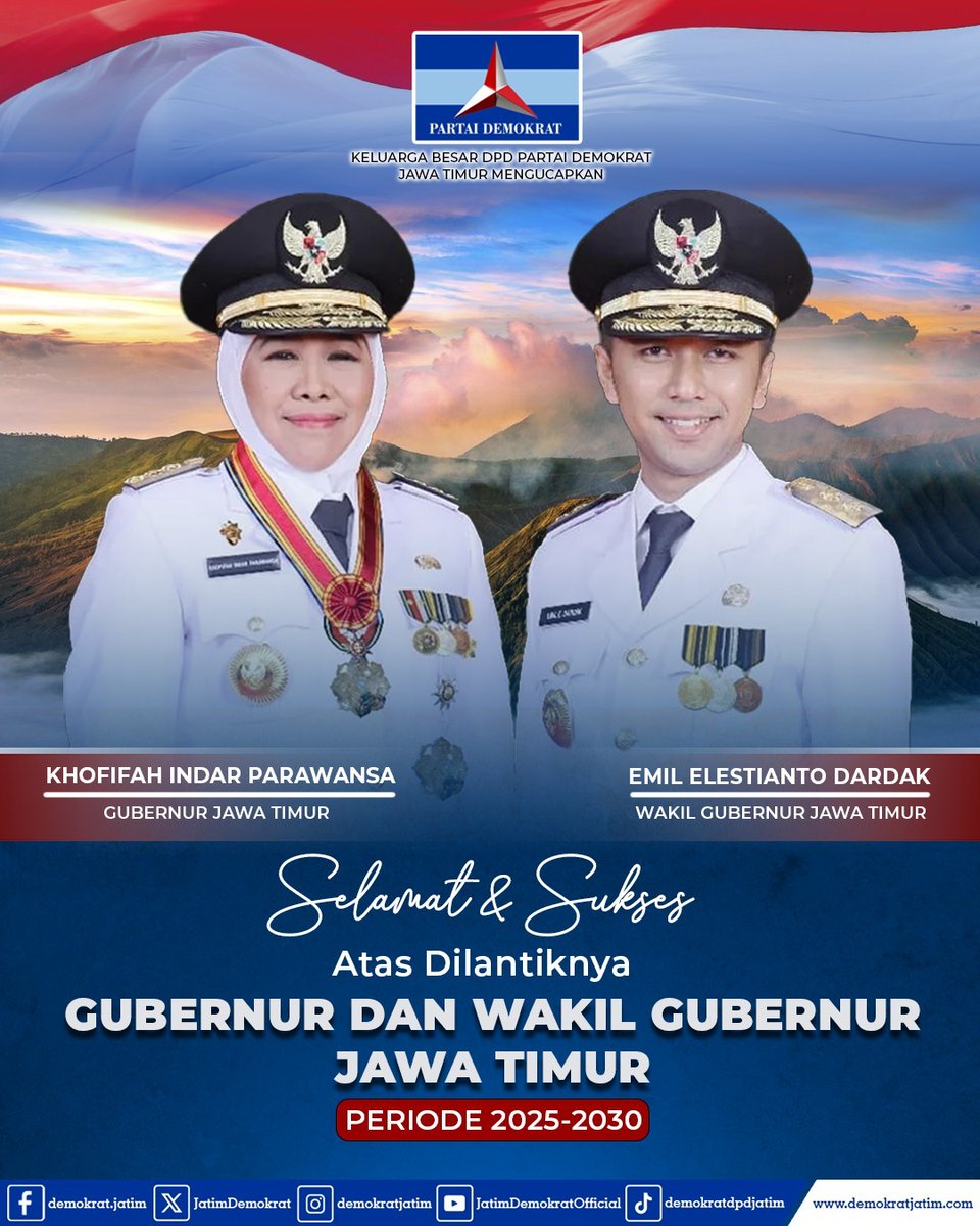 NgawiDemokrat's tweet photo. Selamat &amp; Sukses
Atas dilantiknya 
GUBERNUR dan WAKIL GUBERNUR JAWA TIMUR 
Periode 2025 – 2030

#pelantikan
#gubernurdanwakilgubernur
#jawatimur
#khofifahindarparawansa
#emilelestiantodardak
#demokrat
#demokratjatim
#demokratngawi https://t.co/mIFPFPJ9iy
