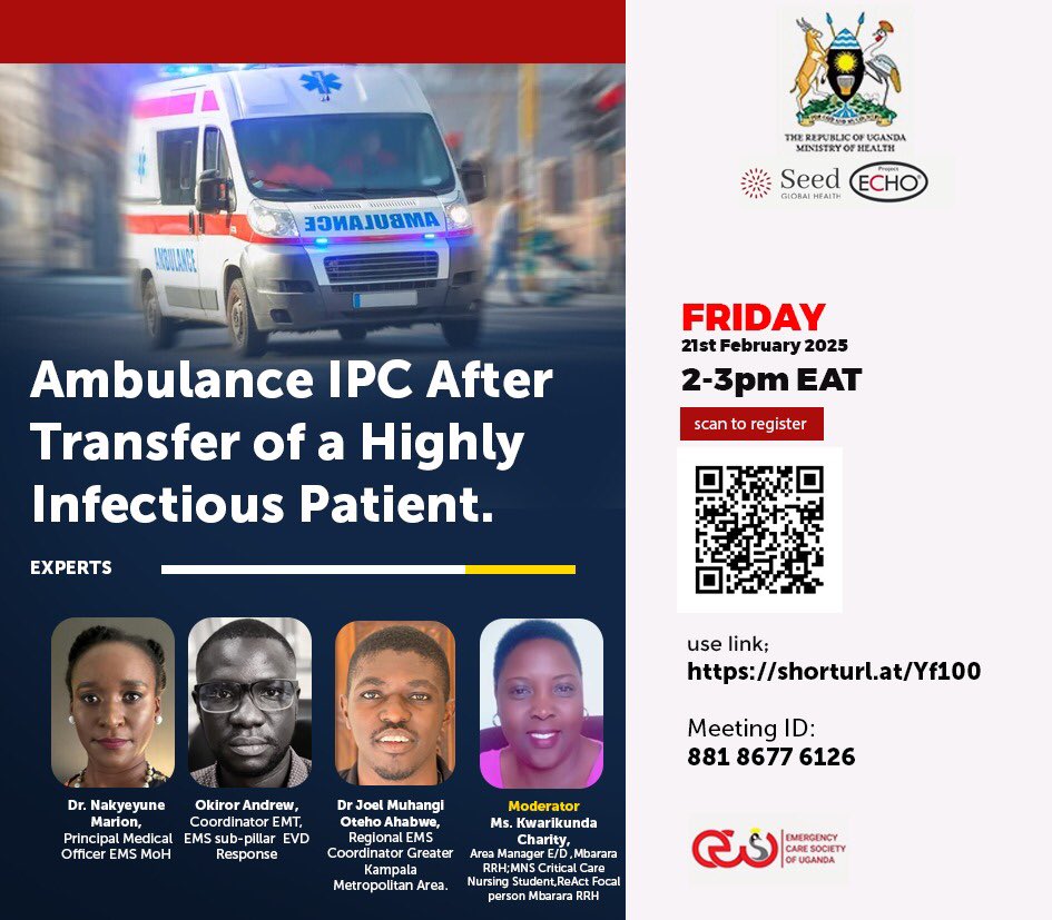 HAPPENING TOMORROW 📌

Ambulance IPC After Transfer of a Highly Infectious Patient

Date: Friday 21st February 2025

Time: 2-3 pm EAT

Meeting Link: echo.zoom.us/meeting/regist…

CPD points will be awarded.