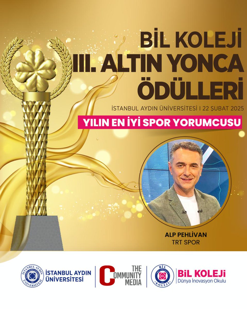 Yılın en iyileri BİL Koleji III. ALTIN YONCA ÖDÜLLERİNDE bir araya geliyor. 

YILIN EN İYİ SPOR YORUMCUSU
🏆 ALP PEHLİVAN - TRT SPOR

🗓 22 Şubat 2025
📍 İstanbul Aydın Üniversitesi

<a href="/IAUKampus/">İstanbul Aydın Üniversitesi</a> <a href="/iautanitim/">İAÜ Halkla İlişkiler ve Tanıtım</a>