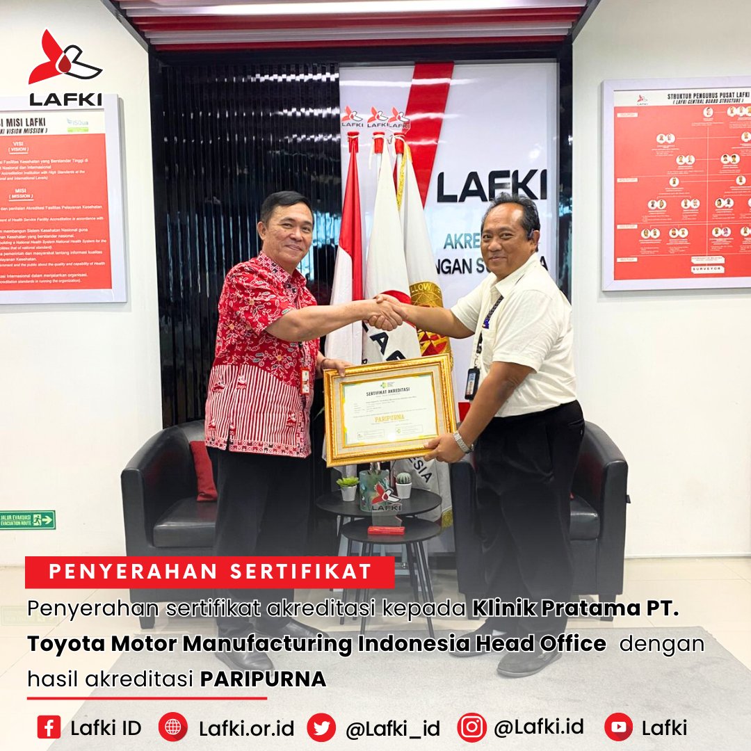 Lafki_ID's tweet photo. Selamat kepada Klinik Pratama PT. Toyota Motor Manufacturing Indonesia Head Office telah berhasil lulus akreditasi standar Kementerian Kesehatan dan mendapatkan sertifikat akreditasi pada tingkat PARIPURNA.

INGAT AKREDITASI INGAT LAFKI
AKREDITASI DENGAN SUKACITA https://t.co/1aHhfFeLzT
