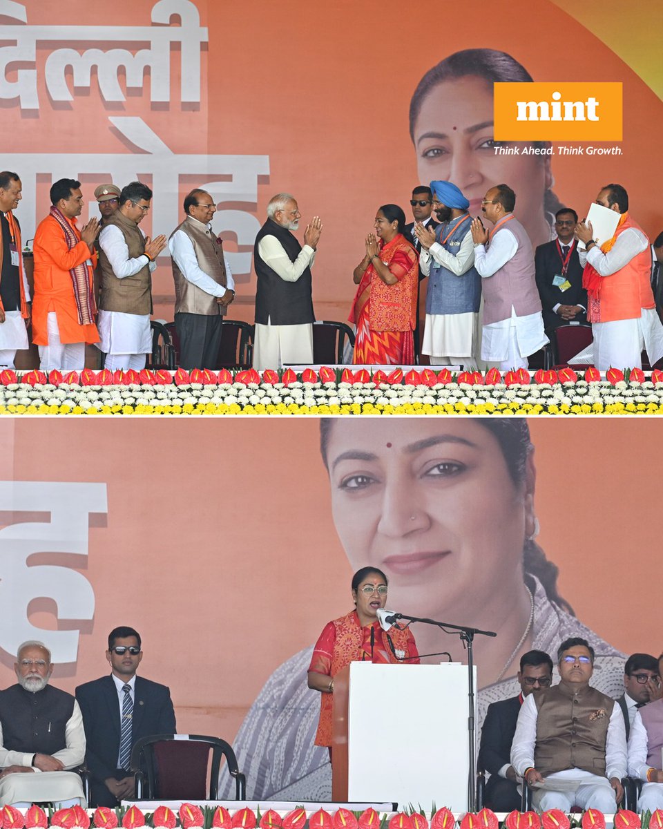 livemint's tweet photo. #InPhotos | BJP MLA #RekhaGupta takes oath as Delhi CM in the presence of PM Narendra Modi and other party leaders.

[📸: Sanchit Khanna &amp; Raj K Raj/HT]

#IndiaNews #DelhiNews #DelhiCM #PMModi #BJP #InstaWithHT https://t.co/vZacCjYgQ2