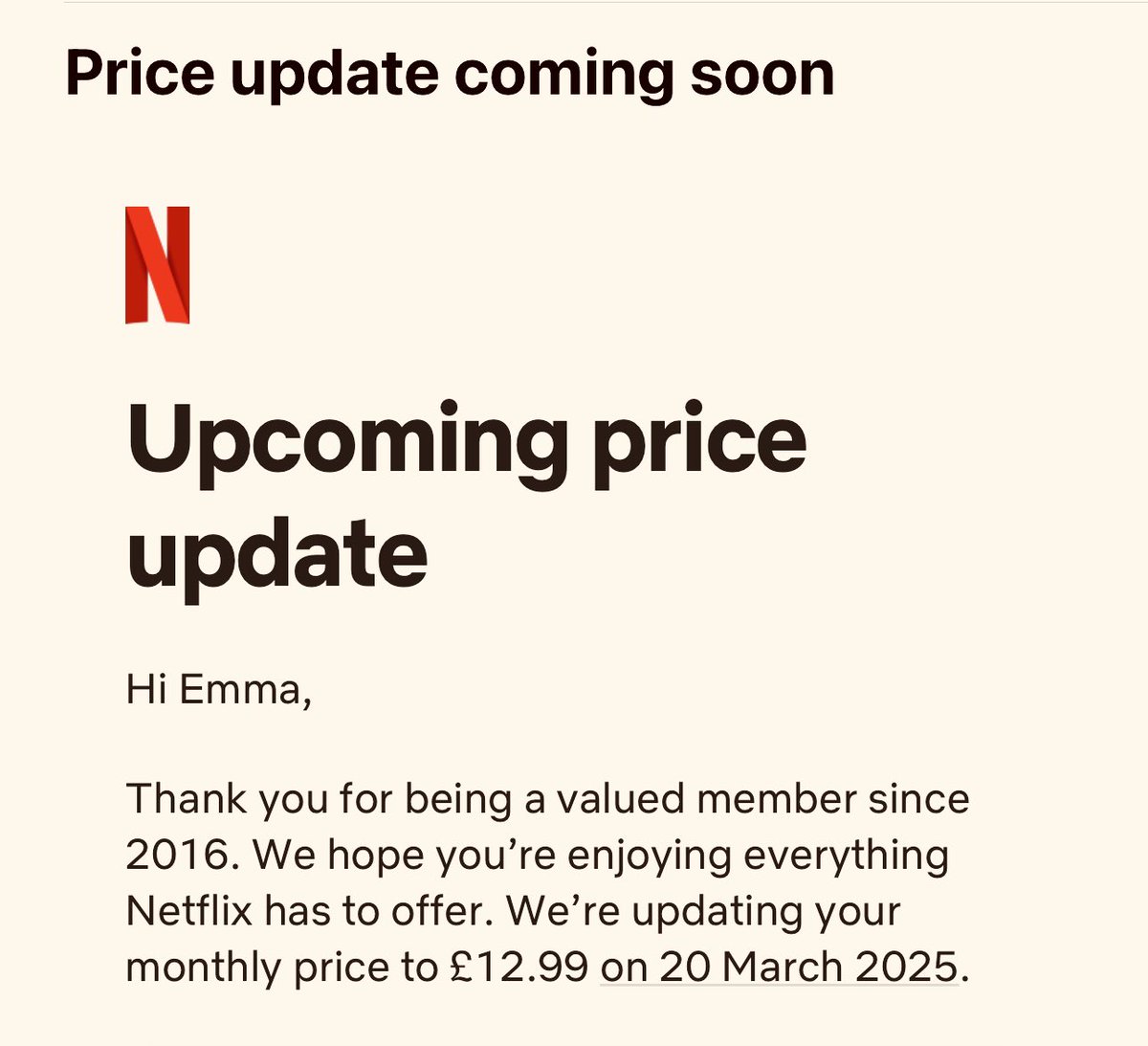 Netflix desperately hoping I’ll miss the fact that the subscription is going up by calling it a ‘price update’.