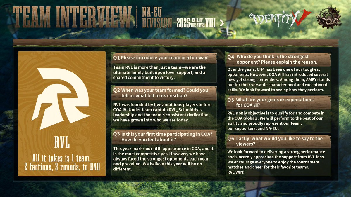 Dear Visitors,
Do you want to know more about your favorite Team and what to expect from the tournament?  
Let’s check out their interview!
#IdentityV #IDVCOAVIII #IDVCOA