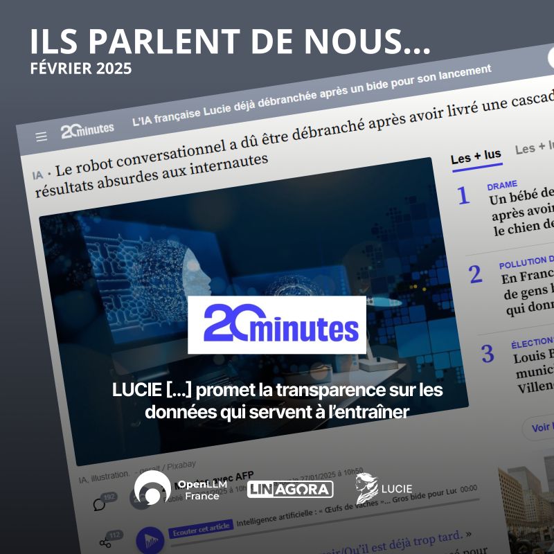 [Ils parlent de nous] <a href="/20Minutes/">20 Minutes</a> 

↪️20minutes.fr/high-tech/scie…

Le #LLM #opensource conçu en collaboration avec la communauté OpenLLM France, à partir de données transparentes, fait l'objet de critiques, mais aussi d'un soutien massif... MERCI 🙏 !  #AvecLucie #IA