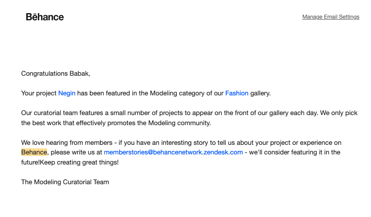 خوشحالم که پلتفرم محبوب behance اومده مجموعه ای که با نگین و جیران عکاسی کردم رو انتخاب کرده و گذاشته روی صفحه‌ی اصلی! اونها معمولا  بهترین کارها رو هر روز انتخاب می‌کنن که توی گالری نمایش بدن و این مجموعه  یکی از اونا بوده✌🏻