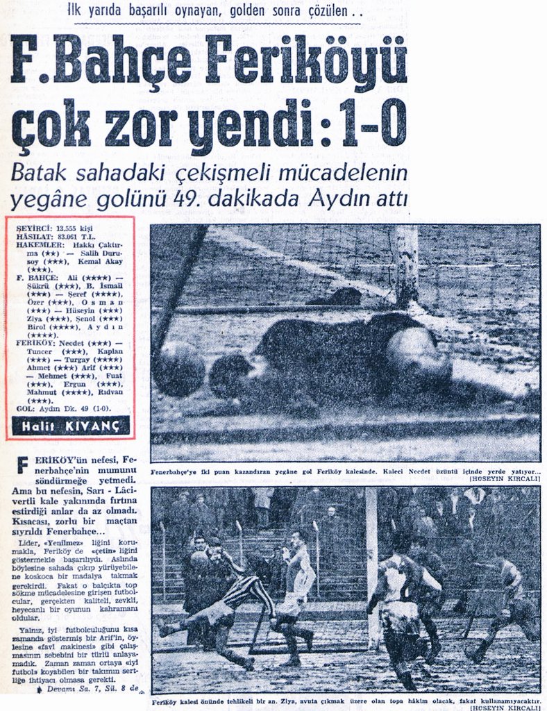 14.02.1965 zor şartlarda oynanan mücadeleyi Fenerbahçe 1-0 kazanıyor