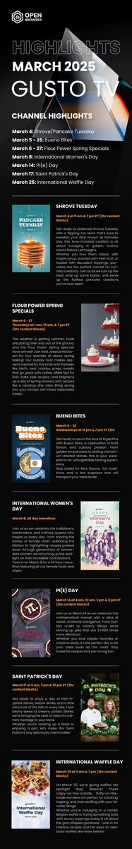 open_browser's tweet image. Check out Gusto TV&apos;s March preview.
lt&apos;s all about to be revealed!🔥🔥🔥
How to watch: Open the Open Browser, then go to live, find &quot;GustoTV&quot; to watch!🔥🔥🔥
Stay tuned to our X page and don&apos;t miss a moment!🔥🔥🔥
#OpenBrowser #GustoTV 
@gustotv