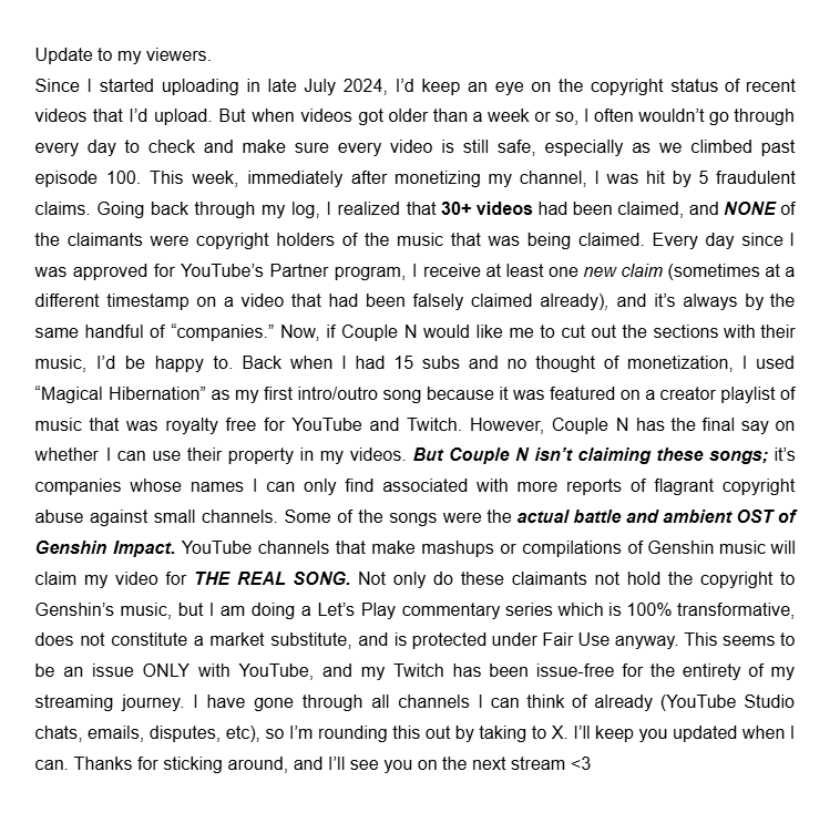 KonriVTuber's tweet photo. 30+ fraudulent copyright claims. Claimants aren't copyright holders. Taking to X as a last resort. I'll keep you updated if/when I can @TeamYouTube @YouTube  #smallyoutuber #youtube @couplenmusic @GenshinImpact @miHoYo @HoYoCREATORS #smallstreamer #copyright #vtuber #envtuber https://t.co/yz91SFzbyU