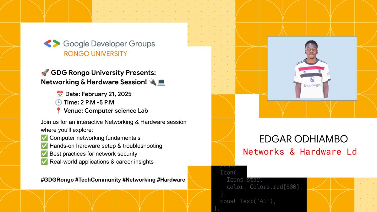 Networking and Hardware

👨‍💼Facilitator: <a href="/3rtysven/">Eddie</a>
📅Date: Friday, 21st
⏳Time: 2:00 - 5:00 pm
📍Venue: Computer Science Lab
