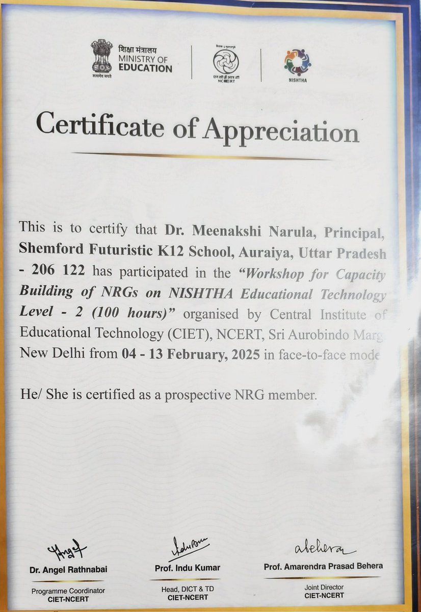Nishtha Education Technology Level 1 and 2 Completion for National Resource Group at CIET NCERT 
#drmeenakshinarula #mentoringthementors #training #cbse #ncert