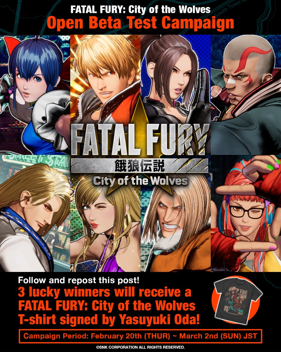 KOF STUDIO (@kofstudio_en) on Twitter photo 🐺Calling all wolves!🐺
FATAL FURY: City of the Wolves OBT begins TODAY🔥
Win a rocking CotW T-shirt (Japan XL size) with Yasuyuki Oda's autograph in our Open Beta Test Campaign! 3 winners chosen at random!
To enter:
👑Follow <a href="/KOFstudio_en/">KOF STUDIO</a>
📢Repost this giveaway announcement 🐺Calling all wolves!🐺
FATAL FURY: City of the Wolves OBT begins TODAY🔥
Win a rocking CotW T-shirt (Japan XL size) with Yasuyuki Oda's autograph in our Open Beta Test Campaign! 3 winners chosen at random!
To enter:
👑Follow <a href="/KOFstudio_en/">KOF STUDIO</a>
📢Repost this giveaway announcement