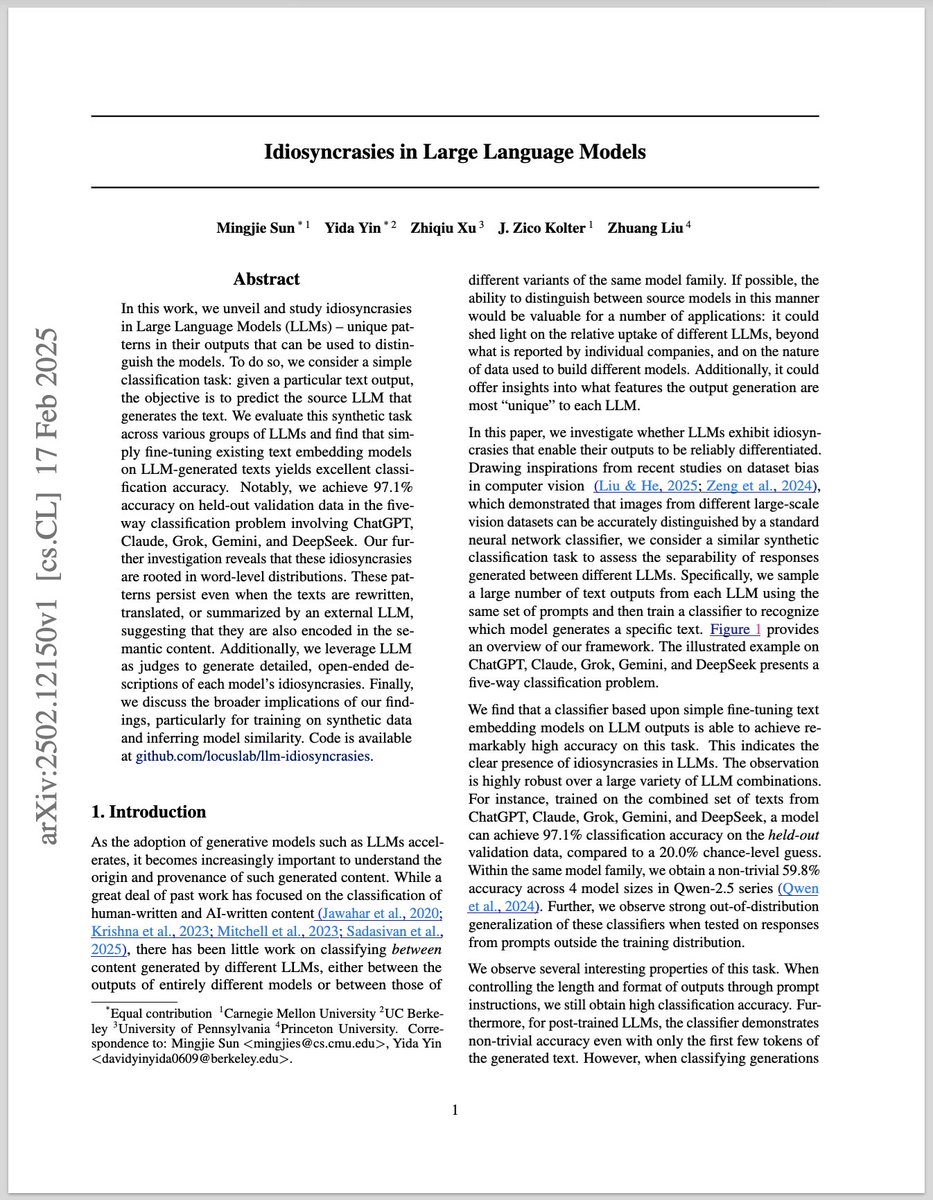 How different are the outputs of various LLMs, and in what ways do they differ?

Turns out, very very different, up to the point that a text encoding classifier could tell the source LLM with 97% accuracy.

This is classifying text generated by LLMs, between ChatGPT, Claude,