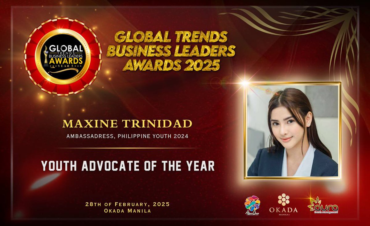 𝐂𝐎𝐍𝐆𝐑𝐀𝐓𝐔𝐋𝐀𝐓𝐈𝐎𝐍𝐒!

We are thrilled to announced that Maxine Trinidad, Ambassadress, Philippine Youth 2024, will be honored with the Youth Advocate of the Year award at the Global Trends Business Leaders Awards!

#MaxineTrinidad | @maxinetrinidad_