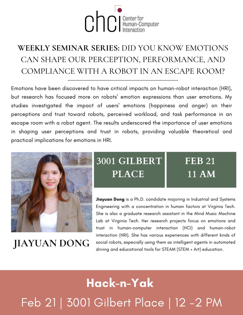 CHCI_VT's tweet image. This week, we’re excited to continue the seminar series with talks from Jiayuan Dong and Kıymet Akdemir on 2/21 at 11 AM. Check out the flyers below for details—we hope you can join us!