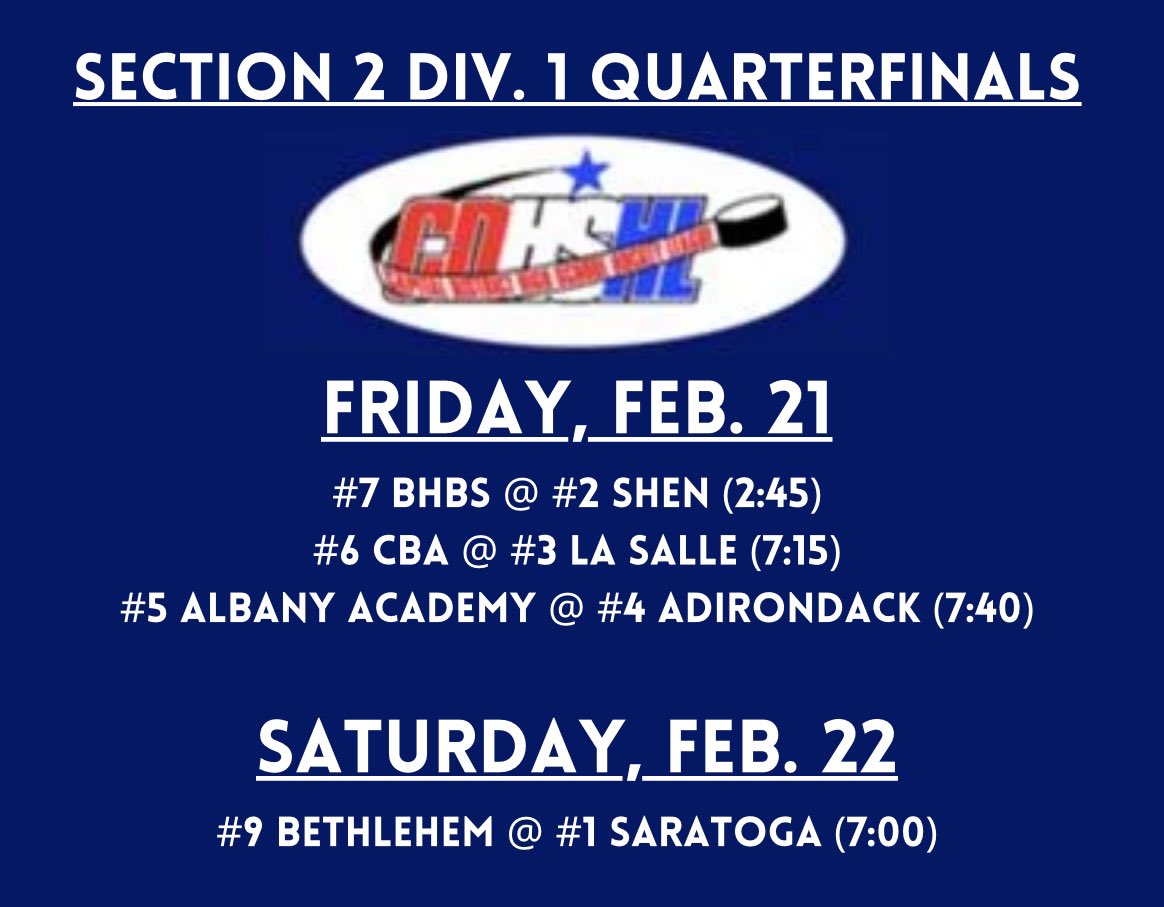 Sec2hockey's tweet image. Section 2 Division 1 Quarterfinal matchups are set! #518hockey
