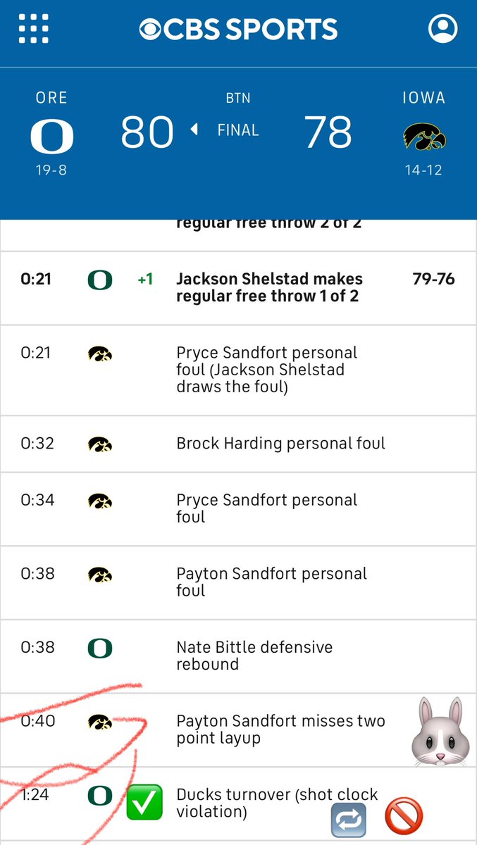 bsosvb's tweet photo. This bullshit sequence of events in Iowa vs Oregon game cost me $900! When the fraud activities going to stop with point shaving, etc. 2 missed bunny layups and an overturned 3 pointer that was originally called good prior to an undeterminable replay. Are we fucking serious! https://t.co/k4CsNcwuy5