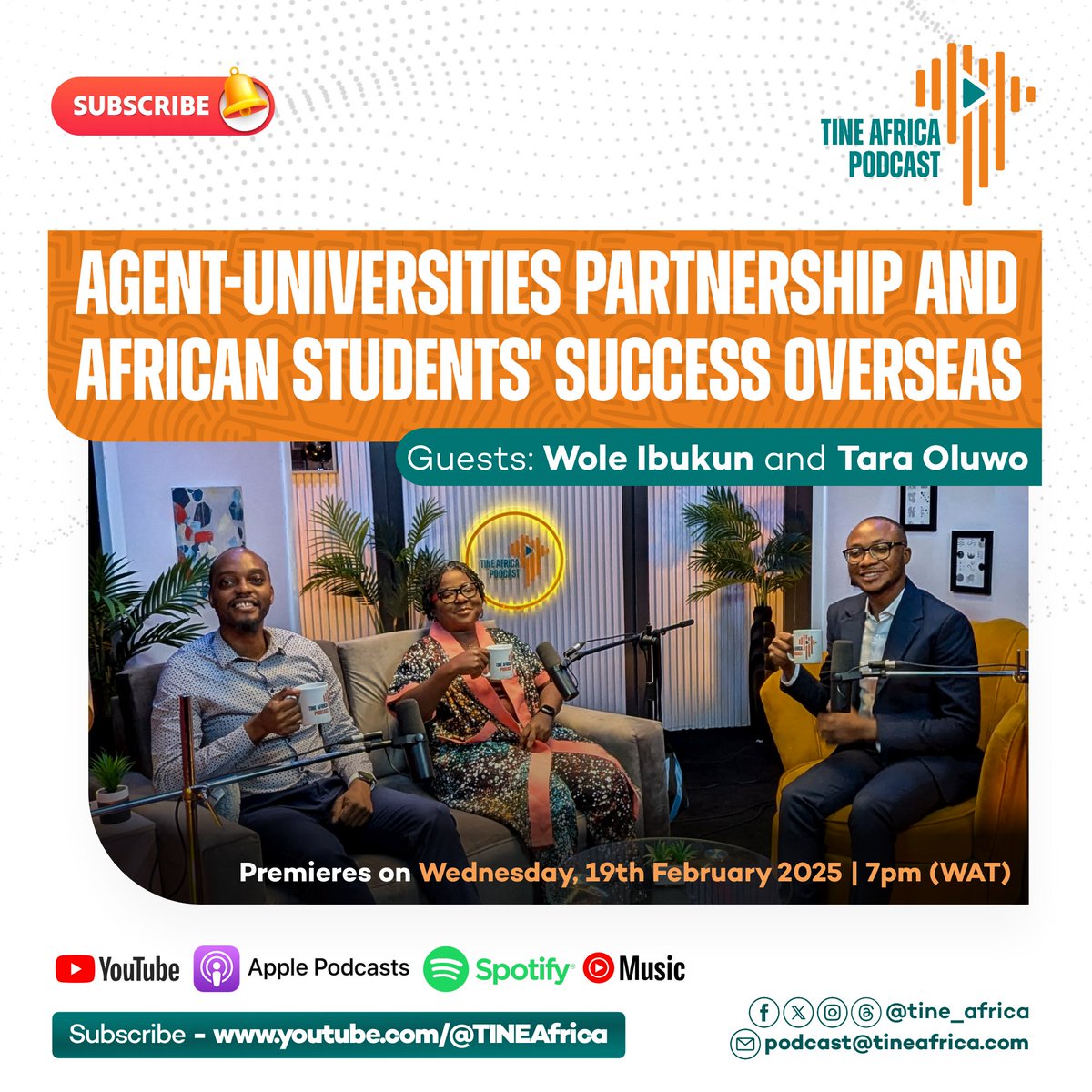 Our latest episode of TINE Africa Podcast is now LIVE on YouTube &amp; audio streaming platforms - Spotify, Apple Podcasts, &amp; YT Music🚀🚀🚀

Watch here: youtu.be/wKRAL0YCOrI

Topic "Agent-Universities Partnership &amp; African Students Success Overseas"

With Tara Oluwo &amp; Wole Ibukun