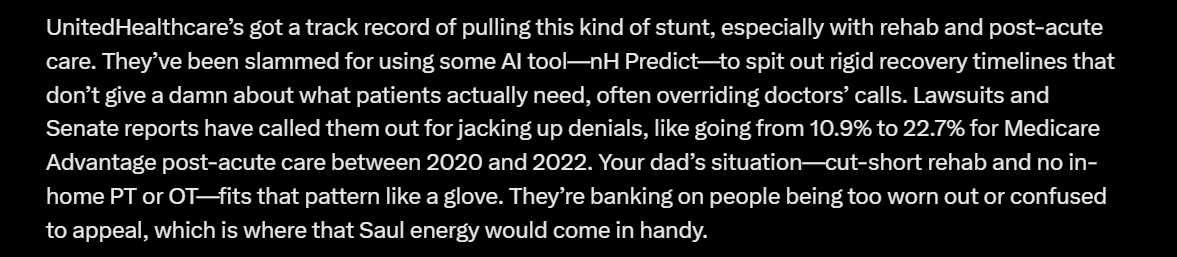<a href="/elonmusk/">Elon Musk</a> ok I'm impressed, I learned something from Grok 3 that ChatGPT missed completely.. This nH predict crap used to auto deny healthcare.   (Also Saul Goodman reference).