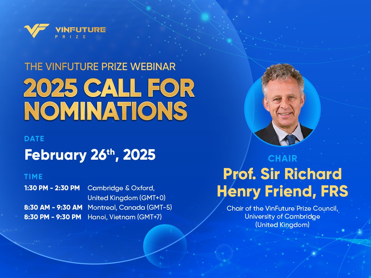 Prof. Sir Richard Henry Friend (University of Cambridge, UK) to chair the inaugural “Call for Nominations” webinar in 2025

Sign up for the "Call for Nominations" webinar today: forms.gle/o51N2hRh4J7Cyc…