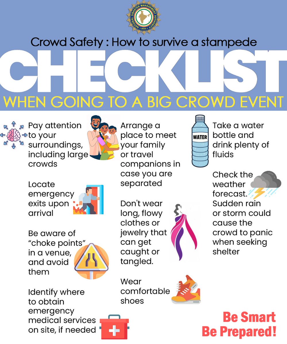 ndmaindia's tweet photo. Human stampedes are not an uncommon occurrence. In extreme cases, they can cause serious injuries or even death. Below are a few tips to remember if you find yourself trapped in a stampede. #Safetyfirst #Emergencycare #besmartbeprepared https://t.co/rHNB26X1Rw
