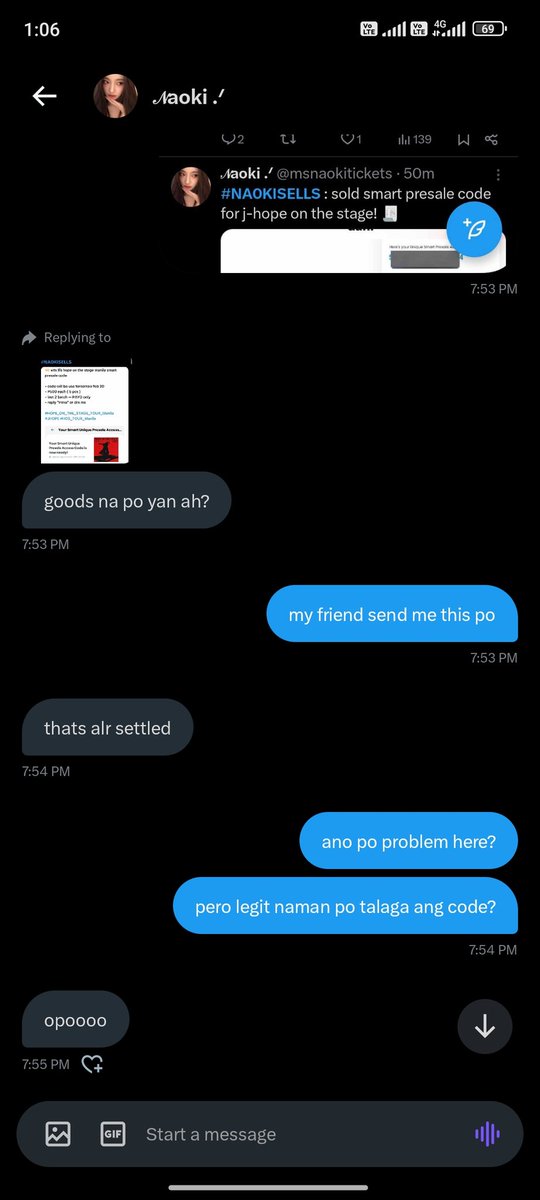 handcraftprint's tweet photo. @naokitickkets #NA0KISELLS 
sa kagustuhan manood ng concert at di rin  nakapag secure kahit may membership, eto si May Massalang na nagbenta pa ng invalid Smart Code. 
Not sure if true name niya pa yan. ayan proof at qr niya. masungit ka pa ha, blocked din ako. https://t.co/nYk5csz2Do