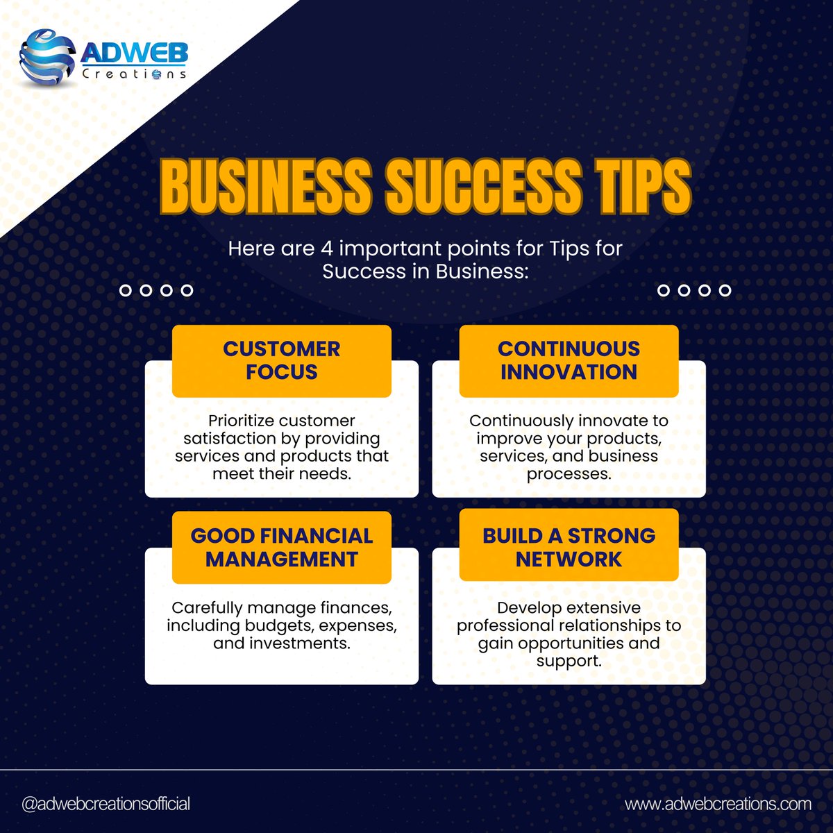 AdwebCreations's tweet photo. 🚀 Business Success Tips You Need to Know! 🚀

1️⃣ Consistency is Key
Success isn’t instant. Stay focused and keep pushing forward every day!
2️⃣ Provide Value
Your customers are looking for solutions. The more value you offer, the stronger the relationship. https://t.co/wfl8wzES2B