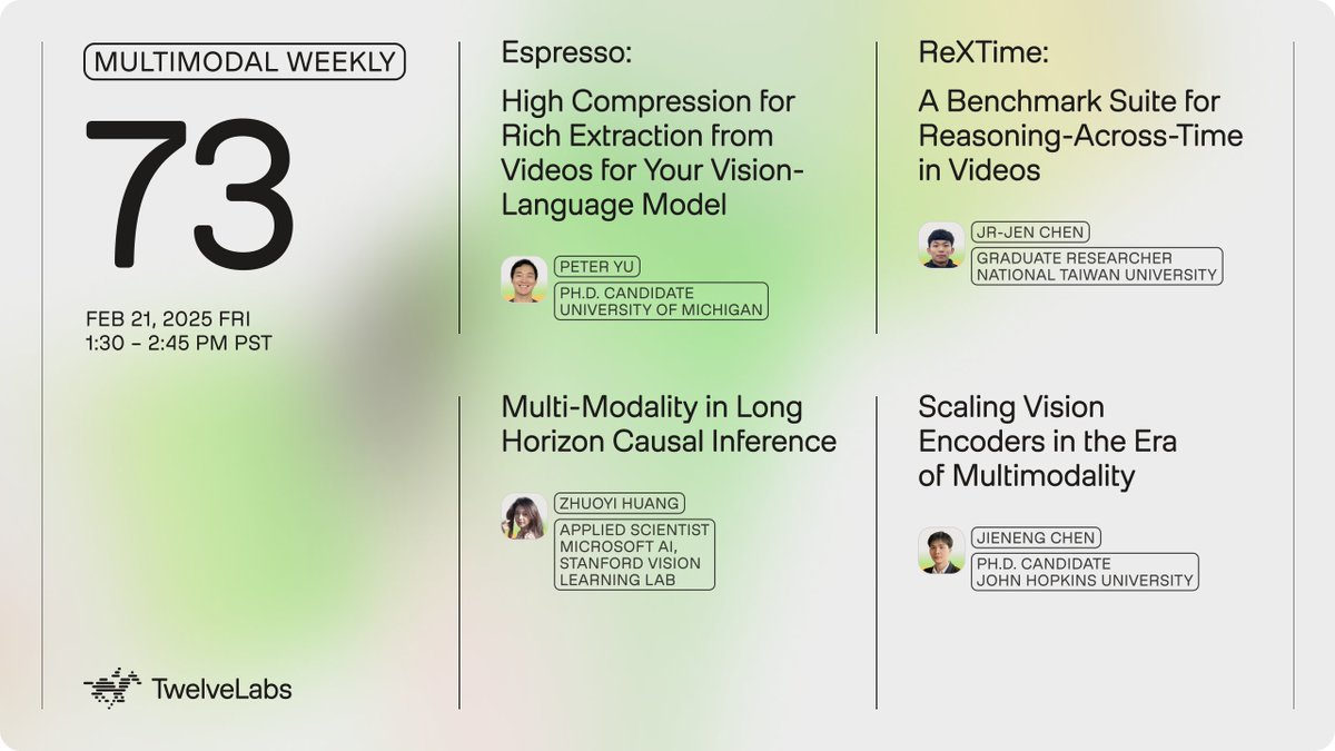 twelvelabs's tweet photo. In the 73rd session of #MultimodalWeekly, we have four exciting presentations on video-language models, reasoning-across-time in videos, multimodality in long horizon causal inference, and scaling vision encoders for multimodal models. https://t.co/bxsBzH3NVW