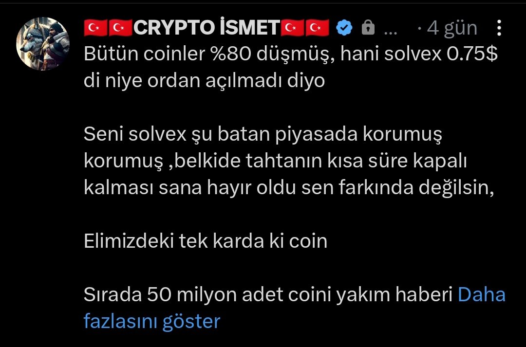 Gözbebeğin #solvex 2 günde %90 düşüp yatırımcısını batırıp bir de "satmayan ve elinde tutanlar" diye şart mı koşuyor İsmet <a href="/cryptoistrade/">🇹🇷🇹🇷CRYPTO İSMET🇹🇷🇹🇷</a> Bizim de buna sevinmemizi mi bekliyor <a href="/SolvexNetwork/">Solvex Network</a> ? Mexcde işlem geçmişinden ne kadar solvex zararı olduğu görülüyor.Bunu da mı bilmiyorlar