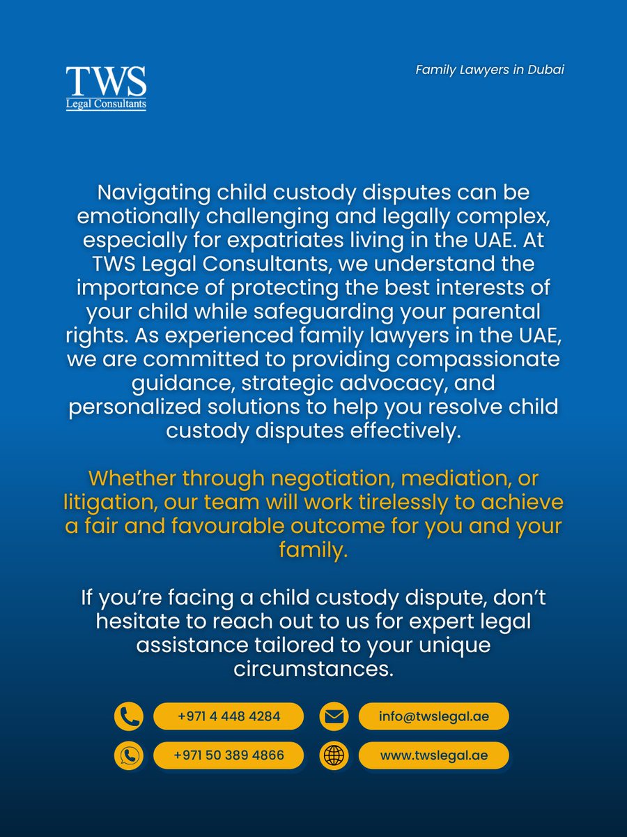 TWSLegal's tweet photo. If you’re facing a child custody dispute, don’t hesitate to reach out to us for expert legal assistance tailored to your unique circumstances.
#ChildCustodyUAE #FamilyLawDubai #ParentalRightsUAE #CustodySupport #DivorceAndCustody #LegalGuidanceUAE #UAEFamilyLawyers https://t.co/ntuiIaoc5N