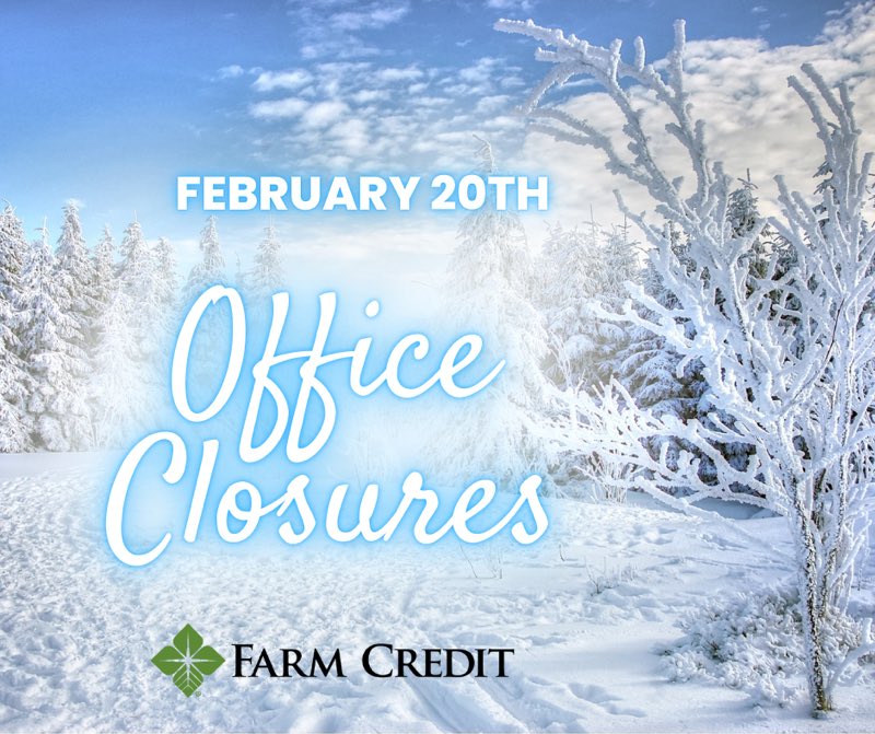 ColFarmCredit's tweet image. Due to inclement weather, the following Colonial Farm Credit offices will be closed Thursday, February 20th:

Mechanicsville
Tappahannock
Farmville
Lynchburg
South Hill
Windsor
Waverly
Chesapeake
Courtland
Dinwiddie