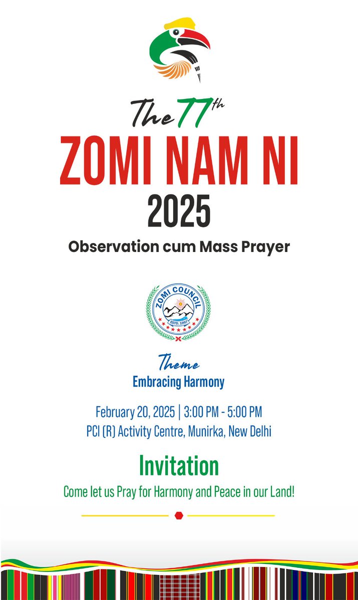 zsfD_official's tweet photo. The ZSF-Delhi, wishes all our Zo brethren on this day, the 20th February, 2025, a warm Zomi Chibai and extend a warm invite to all for the brief gathering and mass prayer to be held in Delhi. 
May peace and harmony dwell in our midst. https://t.co/iSRzs8ngm1