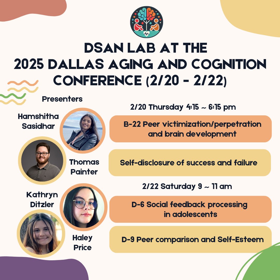 DSAN Lab is presenting at DACC 2025 <a href="/CVLneuro/">Center for Vital Longevity</a> <a href="/UT_Dallas/">UT Dallas</a>, contributing to its expansion into developmental research! 🎉 Visit us to explore and discuss our preliminary work on adolescent development in social-emotional contexts.
